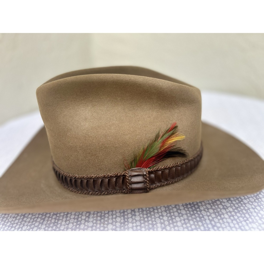 Stetson 4X Beaver Stampede Cowboy Hat Acorn Brown 7 3/8 WF2053 Feather Leather